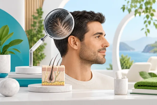 Head bust beside a magnifier and a hair-follicle model Head bust beside a magnifier and a hair-follicle model